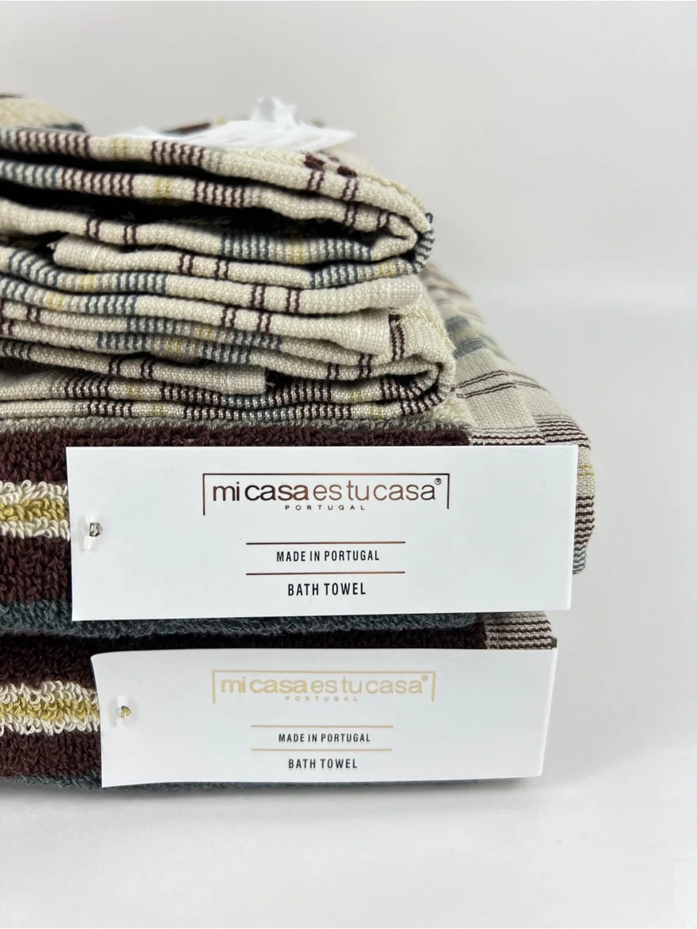 Mi Casa Es Tu Casa Bathroom Towel Set Brown Teal Tan Stripe 100% Cotton 6 Pc NEW